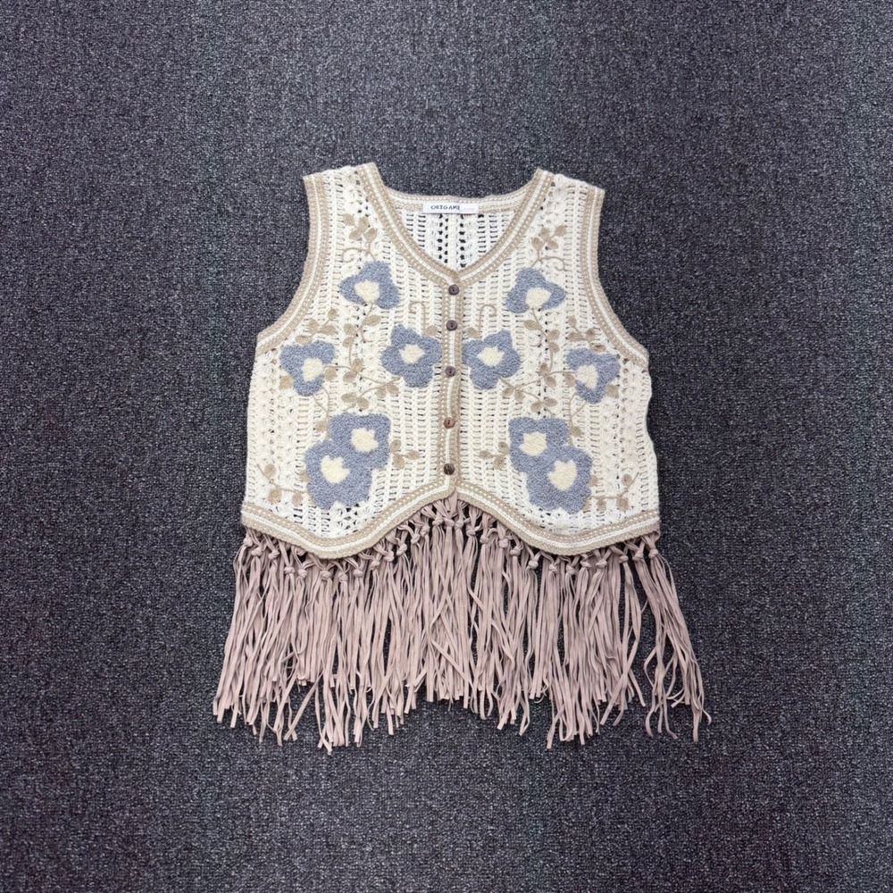 Origami by Vivien Floral Crochet Fringe Vest Womens Cream Blue cottagecore